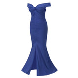 Sweetie Blue Bardot Ruched Maxi Split Dress - Fashion Genie Boutique