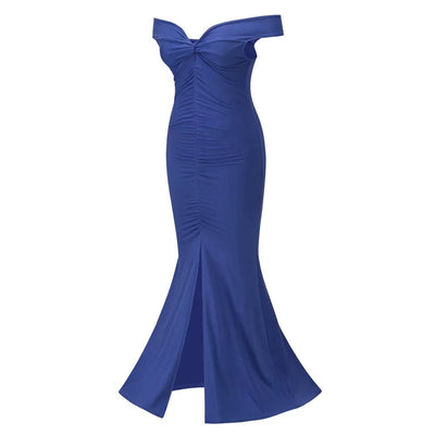 Sweetie Blue Bardot Ruched Maxi Split Dress - Fashion Genie Boutique