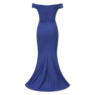 Sweetie Blue Bardot Ruched Maxi Split Dress - Fashion Genie Boutique