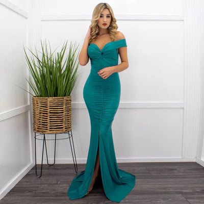 Sweetie Green Bardot Ruched Maxi Split Dress - Fashion Genie Boutique