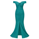 Sweetie Green Bardot Ruched Maxi Split Dress - Fashion Genie Boutique