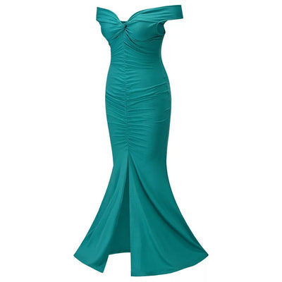 Sweetie Green Bardot Ruched Maxi Split Dress - Fashion Genie Boutique