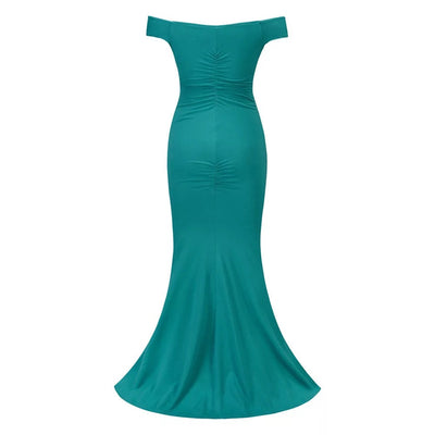 Sweetie Green Bardot Ruched Maxi Split Dress - Fashion Genie Boutique
