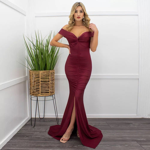 Sweetie Burgundy Bardot Ruched Maxi Split Dress - Fashion Genie Boutique