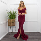 Sweetie Burgundy Bardot Ruched Maxi Split Dress - Fashion Genie Boutique