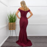 Sweetie Burgundy Bardot Ruched Maxi Split Dress - Fashion Genie Boutique