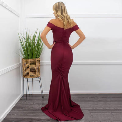 Sweetie Burgundy Bardot Ruched Maxi Split Dress - Fashion Genie Boutique
