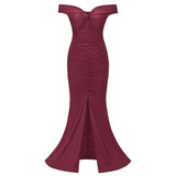 Sweetie Burgundy Bardot Ruched Maxi Split Dress - Fashion Genie Boutique