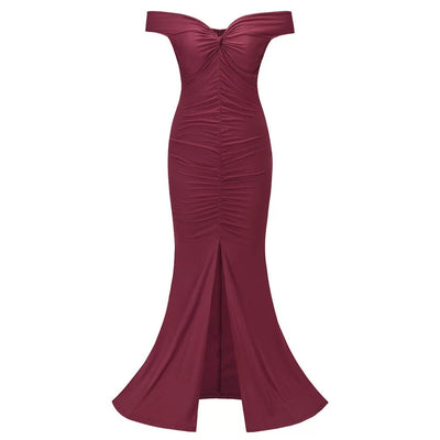 Sweetie Burgundy Bardot Ruched Maxi Split Dress - Fashion Genie Boutique