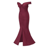 Sweetie Burgundy Bardot Ruched Maxi Split Dress - Fashion Genie Boutique