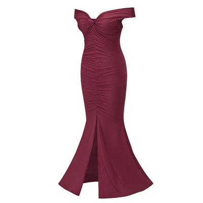 Sweetie Burgundy Bardot Ruched Maxi Split Dress - Fashion Genie Boutique