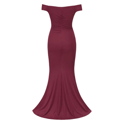 Sweetie Burgundy Bardot Ruched Maxi Split Dress - Fashion Genie Boutique