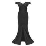 Sweetie Black Bardot Ruched Maxi Split Dress - Fashion Genie Boutique