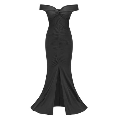 Sweetie Black Bardot Ruched Maxi Split Dress - Fashion Genie Boutique