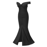 Sweetie Black Bardot Ruched Maxi Split Dress - Fashion Genie Boutique