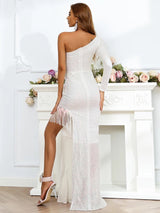 Forever Yours White One Shoulder Sequin Fringe Maxi Dress - Fashion Genie Boutique