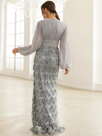 Adore You Grey Long Lantern Sleeve Sequin Fringe Maxi Dress - Fashion Genie Boutique