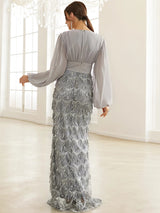 Adore You Grey Long Lantern Sleeve Sequin Fringe Maxi Dress - Fashion Genie Boutique