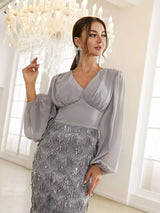 Adore You Grey Long Lantern Sleeve Sequin Fringe Maxi Dress - Fashion Genie Boutique