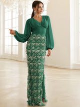 Adore You Green Long Lantern Sleeve Sequin Fringe Maxi Dress - Fashion Genie Boutique