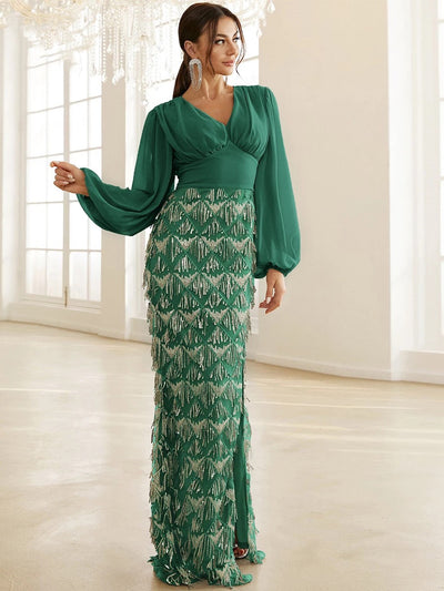 Adore You Green Long Lantern Sleeve Sequin Fringe Maxi Dress - Fashion Genie Boutique