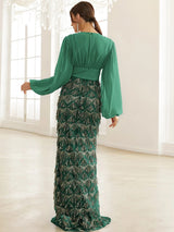 Adore You Green Long Lantern Sleeve Sequin Fringe Maxi Dress - Fashion Genie Boutique