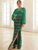 Adore You Green Long Lantern Sleeve Sequin Fringe Maxi Dress - Fashion Genie Boutique