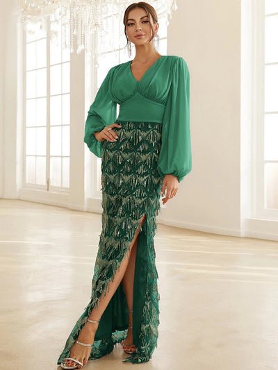 Adore You Green Long Lantern Sleeve Sequin Fringe Maxi Dress - Fashion Genie Boutique