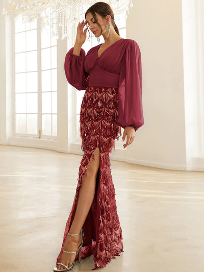 Adore You Burgundy Long Lantern Sleeve Sequin Fringe Maxi Dress - Fashion Genie Boutique