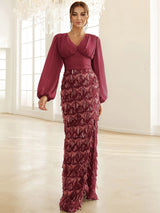 Adore You Burgundy Long Lantern Sleeve Sequin Fringe Maxi Dress - Fashion Genie Boutique