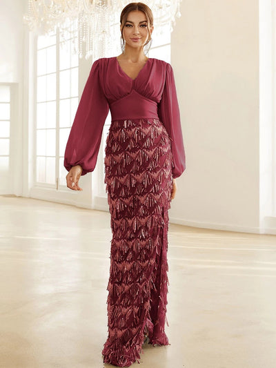 Adore You Burgundy Long Lantern Sleeve Sequin Fringe Maxi Dress - Fashion Genie Boutique