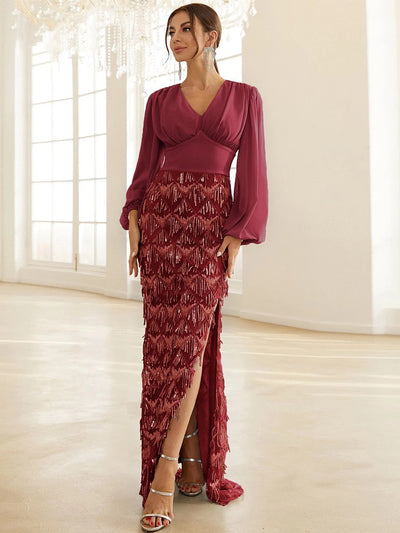 Adore You Burgundy Long Lantern Sleeve Sequin Fringe Maxi Dress - Fashion Genie Boutique