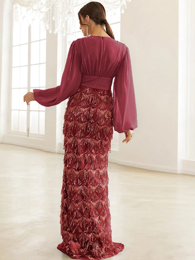 Adore You Burgundy Long Lantern Sleeve Sequin Fringe Maxi Dress - Fashion Genie Boutique
