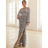 Adore You Grey Long Lantern Sleeve Sequin Fringe Maxi Dress - Fashion Genie Boutique