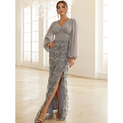 Adore You Grey Long Lantern Sleeve Sequin Fringe Maxi Dress - Fashion Genie Boutique