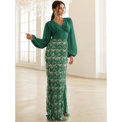 Adore You Green Long Lantern Sleeve Sequin Fringe Maxi Dress - Fashion Genie Boutique