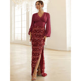 Adore You Burgundy Long Lantern Sleeve Sequin Fringe Maxi Dress - Fashion Genie Boutique