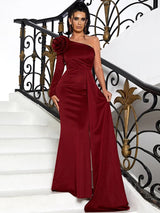 Allure Burgundy One Shoulder Draped Maxi Gown Dress - Fashion Genie Boutique