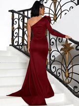 Allure Burgundy One Shoulder Draped Maxi Gown Dress - Fashion Genie Boutique