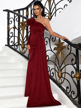 Allure Burgundy One Shoulder Draped Maxi Gown Dress - Fashion Genie Boutique