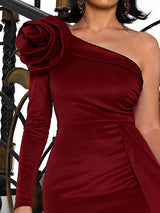 Allure Burgundy One Shoulder Draped Maxi Gown Dress - Fashion Genie Boutique