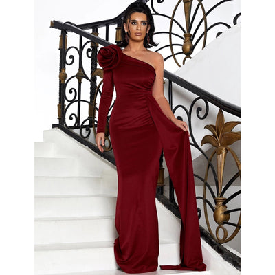 Allure Burgundy One Shoulder Draped Maxi Gown Dress - Fashion Genie Boutique