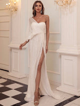 After You White One Shoulder Sequin Split Maxi Dress - Fashion Genie Boutique
