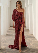 After You Burgundy One Shoulder Sequin Split Maxi Dress - Fashion Genie Boutique