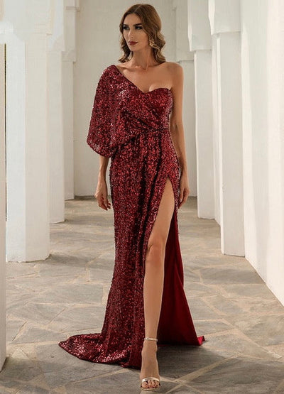 After You Burgundy One Shoulder Sequin Split Maxi Dress - Fashion Genie Boutique