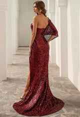 After You Burgundy One Shoulder Sequin Split Maxi Dress - Fashion Genie Boutique