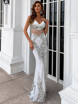 Amour White Sequin Rhinestone Embellished Fishtail Maxi Dress - Fashion Genie Boutique