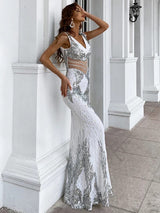 Amour White Sequin Rhinestone Embellished Fishtail Maxi Dress - Fashion Genie Boutique