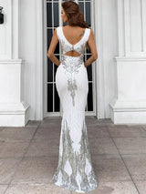 Amour White Sequin Rhinestone Embellished Fishtail Maxi Dress - Fashion Genie Boutique