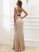 Amour Gold Sequin Rhinestone Embellished Fishtail Maxi Dress - Fashion Genie Boutique